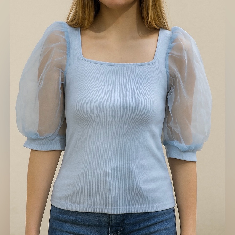 Joie Blue Puff Sleeve Square Neck Top – Size Medium
